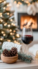 Canvas Print - Soft lighting enhances the cozy living room ambiance with wine glasses, grapes, and festive decor, perfect for Christmas gatherings