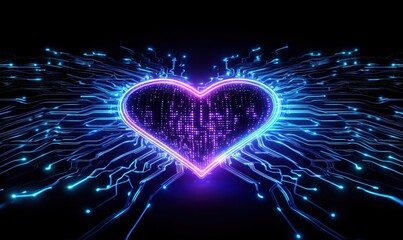 Poster - Digital heart with glowing circuits and data streams, vibrant neon colors, abstract technology concept