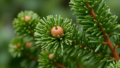 Wall Mural - a close-up of a young fir branch with a garland in the summer.