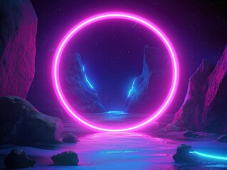 Poster - Abstract cosmic landscape shows glowing portal. Pink and blue neon lights surround round frame. Dark space with rocks and ground. Virtual reality energy source. Night scene with starry sky.