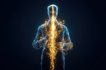 Poster - A glowing energy figure stands still, showcasing a captivating blend of light and form in a dark, futuristic atmosphere