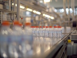 Poster - A sterile factory line is busy bottling clear water into transparent plastic bottles, showcasing advanced machinery and precision. The composition allows for copy space to the right