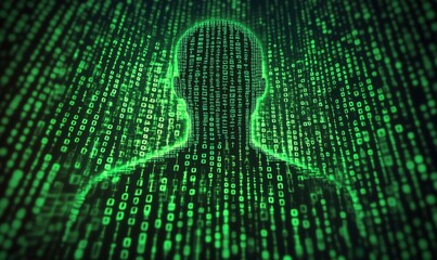 Poster - digital silhouette against binary code background, representing technology and data, green hues domi