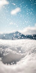 Wall Mural -   A close-up of snowflakes on a snow-covered ground, with a majestic mountain as the backdrop
