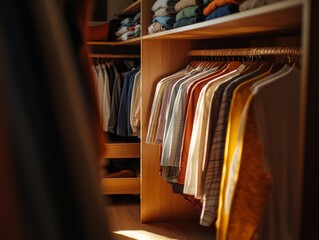 Aufkleber - An open wardrobe showcases a well-organized selection of casual and formal wear, illuminated by natural sunlight, emphasizing a clean and minimalist aesthetic