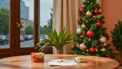 Wall Mural - Blur Christmas tree and decorated window interior background with wooden table top for product display in front