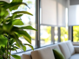 Poster - A spacious living room is filled with natural light, showcasing white roller blinds over large windows and a cozy white couch. A vibrant potted plant enhances the inviting atmosphere