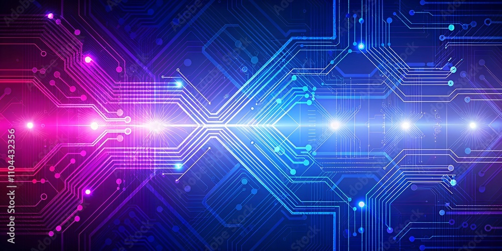 A futuristic digital circuit board with glowing blue and purple neon ...