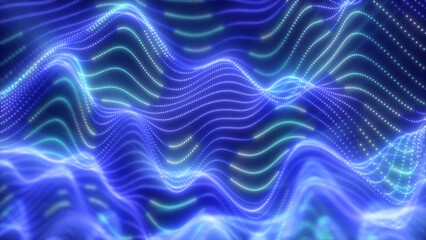 Poster - Abstract waves of glowing particles in vibrant blue creating a dynamic and fluid digital landscape against a dark background