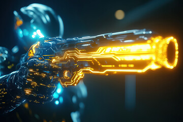 Poster - A glowing energy weapon is held by a cybernetic figure, illuminating the dark surroundings with bright futuristic hues