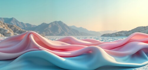 Fototapete - Abstract pastel pink, blue flowing fabric drapes over landscape with mountains, body of water. Fabric curves, ripples smoothly like soft wave. Colors blend subtly creating dynamic, elegant