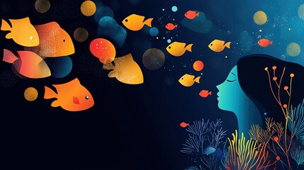 Wall Mural -   Orange-yellow fish surrounding a woman's face, dark blue background, corals and seaweed