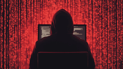 Cybercrime, hacker and thinking at computer for virus, overlay and futuristic at desk. Male criminal, hoodie and ready for coding, cyber attack and programming for malware with tech, scam and data