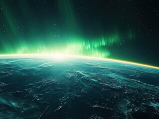 green aurora borealis illuminating earth from space