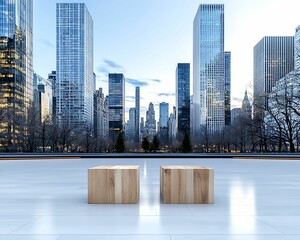 Wall Mural - Eco cityscape eco friendly concept, A serene urban scene featuring two wooden cubes in an open space, surrounded by modern skyscrapers and a twilight sky.