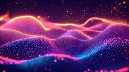 Poster - Abstract digital landscape. Futuristic tech waves with neon lines and glowing particles. Dynamic mesh design pattern. Innovative virtual world. Vibrant colors. Vivid abstract illustration.