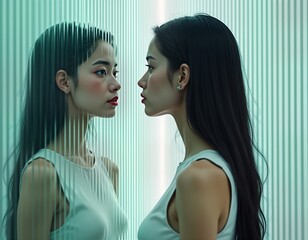 Fototapete - Two women face behind ribbed glass wall. Seem to mirror. Expressions focused, concentrated. Setting futuristic, tech-oriented. Glass walls, soft light faces, creating sense of mystery, digital
