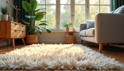 Poster - Cozy living room with fluffy carpet, stylish furniture. Low angle view shows elegant interior design with comfortable couch, wooden furniture. Natural light streams through large window. Trendy