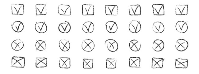 Poster - Set of black chalk ticks and crosses , circle and square. Tick symbol means agree, vote, confirm. Tick and X symbols hand drawn with charcoal pencil. Vector illustration.