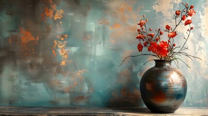 Wall Mural - A vase with red flowers sits on a table