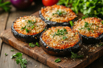 Wall Mural - Crispy eggplant parmesan cutlets, fresh herbs garnish, rustic wooden surface.