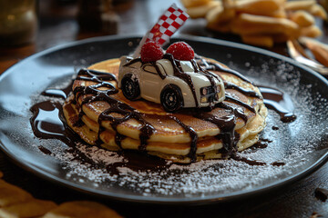 Race car shaped pancake with chocolate wheels, checkered flag syrup design.