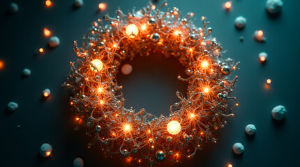 Poster - A holiday wreath crafted from living circuitry emits a warm glow with its intricate tendrils and bright orbs