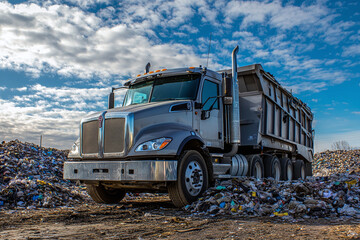 Waste management truck with towering trash heap.