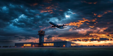 Distant airplane soaring over illuminated control tower with dramatic evening sky