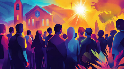 Unity in Faith, A Vibrant Illustration of a Catholic Youth Group Gathering, An engaging and vibrant illustration capturing a Catholic youth group coming together for worship, discussion, and camarader