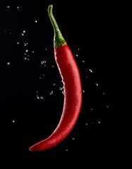 floating Red chili pepper isolated on black background