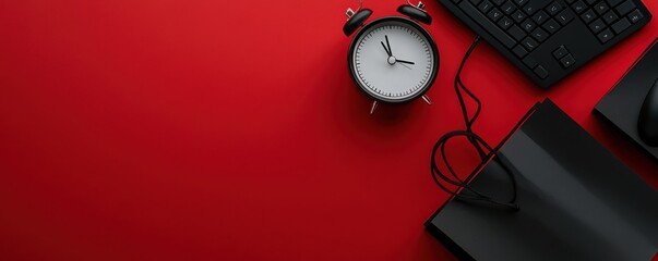 Poster - Black clock and computer accessories on a modern workspace