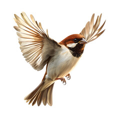 Poster - Eurasian tree sparrow in flight with spread wings - realistic digital painting on transparent background
