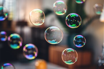 Poster - Rainbow soap bubbles floating in the air with blurred background