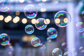 Poster - Floating soap bubbles reflecting city lights creating iridescent colors