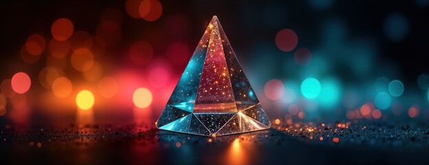 Poster - Colorful light refracts through crystal prism. Abstract blurred lens flare bokeh creates vibrant colors on black background. Prism displays light refraction effects. Image suitable for tech science