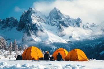 Wall Mural - Climbers resting near tents in snowy mountain campsite