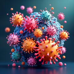 Poster - Colorful 3d illustration shows viruses, cells. Cells dark blue mass with bright colorful viruses around. Medical illustration represents research into cellular medicine. Scientific medical textbook