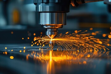 Aufkleber - Laser cutting machine creating sparks while engraving metal sheet