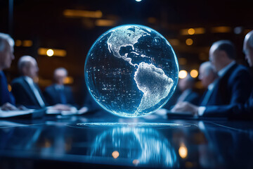 Poster - A dazzling holographic Earth is displayed above a sleek conference table, illuminating the faces of attendees at night