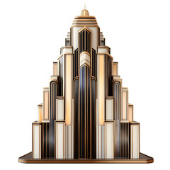 Poster - Art deco style building with a transparent background, featuring white, black, and gold colors