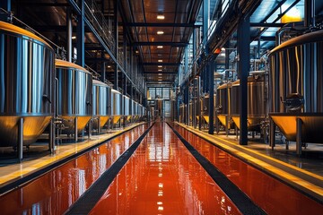 Aufkleber - Rows of steel tanks stand in modern food processing plant