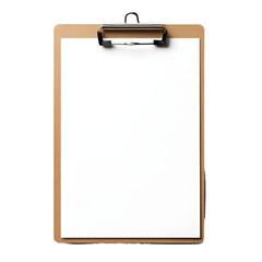 Poster - Blank white sheet of paper on a wooden clipboard, isolated on a transparent background, offering space for text or design