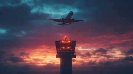 Distant airplane soaring over illuminated control tower with dramatic evening sky