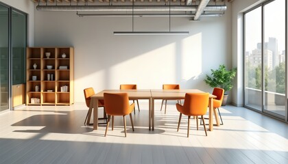 Poster - Empty meeting room in modern business office. Bright sunny day. Orange chairs, light wooden tables. Modern design, urban city view from windows. Ideal for design startups, teamwork. Creative