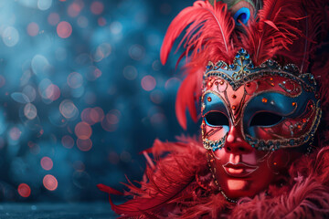 Poster - colorful carnival mask in red and blue tones, decorated with sparkles, rhinestones and feathers.  