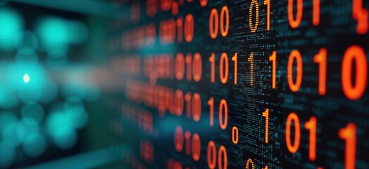 Fototapete - Digital screen display binary code. Glowing orange numbers in dark blue background. Data flow concept. Modern tech background. Abstract display of information. Futuristic data transfer. Binary code