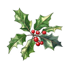 Poster - Watercolor painting of a holly branch with bright red berries, set against a clear background, ideal for holiday-themed artwork