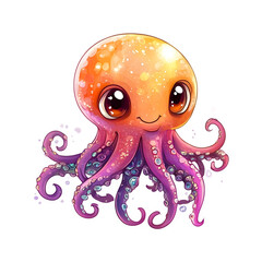 Poster - Adorable cartoon octopus with large eyes and a charming grin, set against a clear background, ideal for kids' illustrations