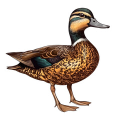 Poster - Detailed depiction of a brown and green duck standing, highlighting complex feather designs against a transparent backdrop